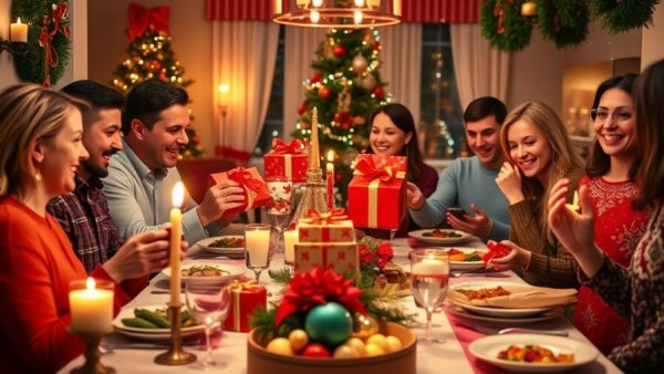 Festive group exchanging gifts at Christmas dinner - Keeping Up with the Clauses.