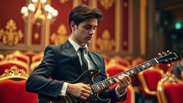 Emerging African artiste 2025 playing an electric guitar at an indoor event.