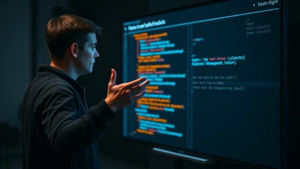 Young man explains Text to SQL with LLMs on digital board.