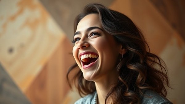 Engaging young woman speaking joyfully with a geometric background.