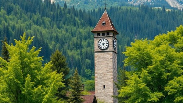 Future of Swiss mountain communities: old clock tower in vibrant green landscape.
