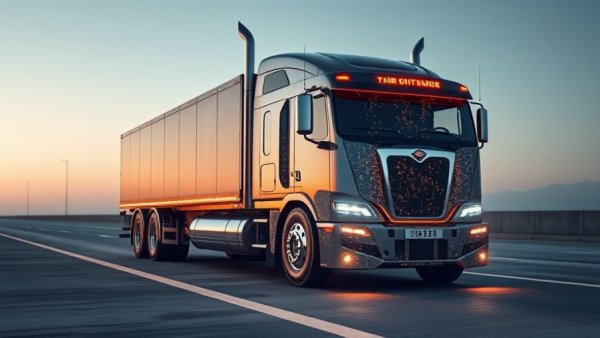 Futuristic truck showcasing Digital Twin Technology in heavy-duty vehicles on an open road.