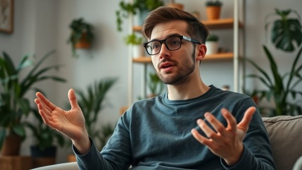 Young man discussing goal setting in a cozy indoor setting.