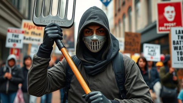 Protester with mask and pitchfork at Brazil protests Bolsonaro amnesty bill.