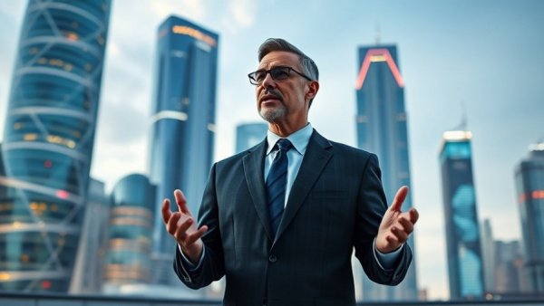 Future of air cargo expert discussing trends in front of a skyline.