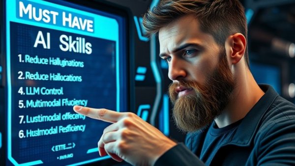 AI skills list for 2026 with man pointing, digital background.