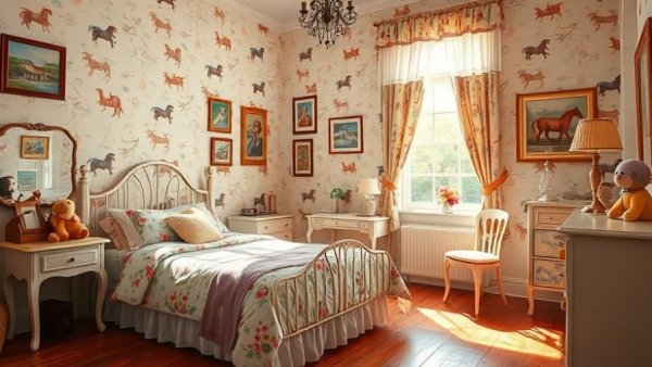 Vintage children's bedroom with floral bedding and antique furniture.