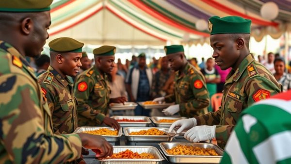 Nigerian military personnel at community event serving food, vibrant scene.