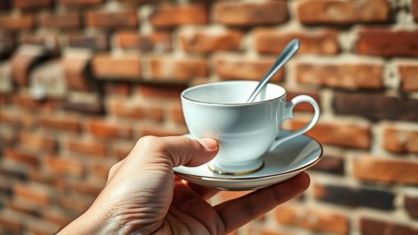 Hand holding a teacup with a brick wall backdrop, Rwanda tea industry.