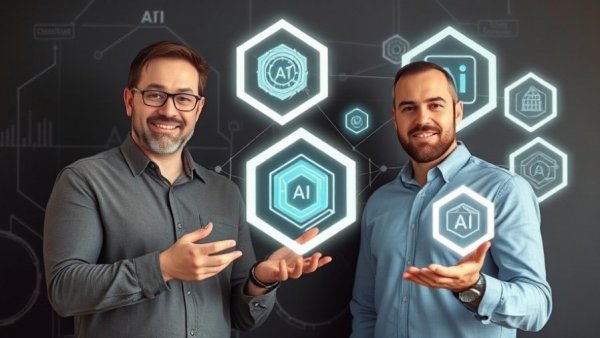 Two men presenting AI orchestration concepts with diagrams.