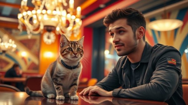 AI storytelling of cat and man, exploring creativity, AI Africa film makers and developers.