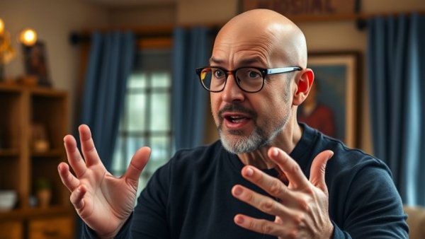 AI filmmaking discussion with expressive bald man in a cozy studio.