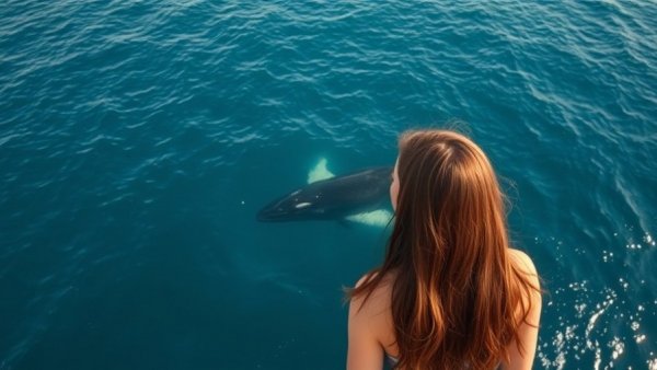 Woman and whale in 3,000-mile journey showcase calm ocean scene.