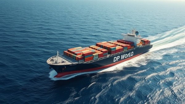 Cargo ship DP World in blue seas, Dubai-Iraq transit logistics.