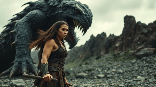 Cinematic scene of warrior preparing to face giant creature, illustrating AI protections for actors.