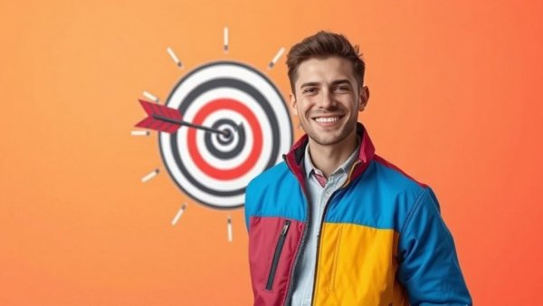 Smiling man in colorful jacket with strategic thinking graphic.