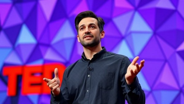Dynamic speaker discussing history at TED Talk with vibrant backdrop.