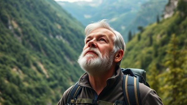 Elderly man hiking in Switzerland Ghost Valley, lush greenery.