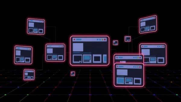 Interface of managing multiple client sites with glowing panels.