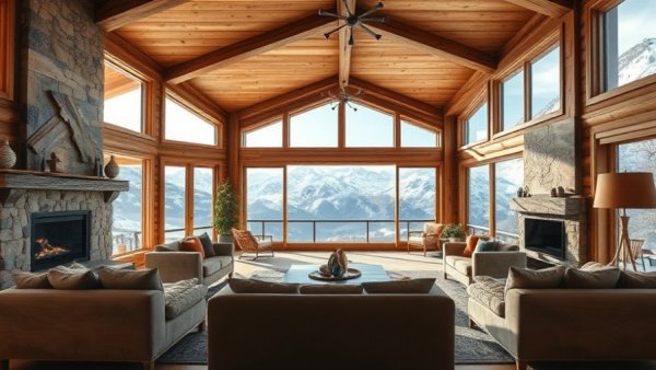 Rustic living room with panoramic mountain view, embodying real estate design trends.