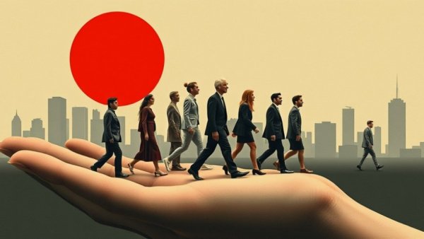 Surreal depiction of African tech workforce cuts 2025, people on giant hand.