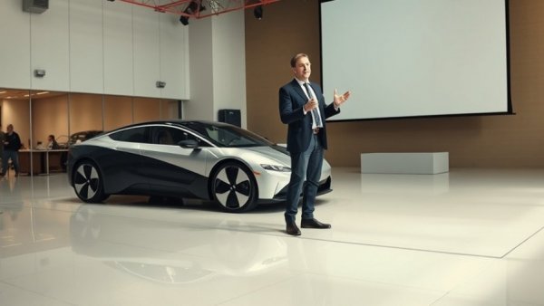 Musk Nears $700 Billion Valuation: Speaker near sleek electric car on stage.