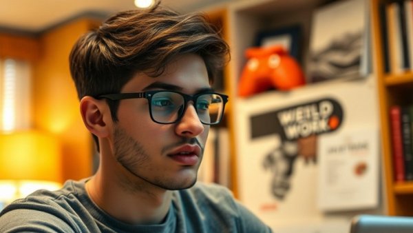 Focused man discussing productivity in a home office setting.