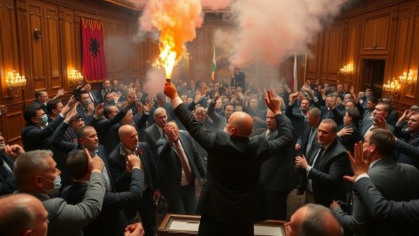 Albanian parliament in chaos with flare and dispute.