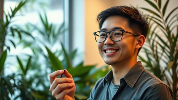 Smiling young man holding an object indoors, AI-powered holiday shopping theme.