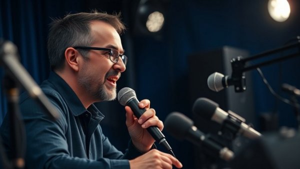 Man discussing microbes in clouds control weather, dark blue studio.