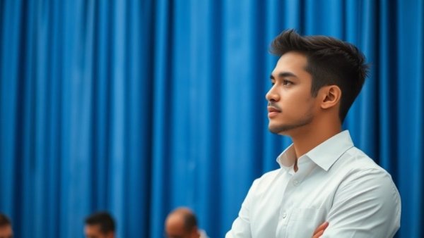 Young man in white shirt discussing time management against blue curtain.