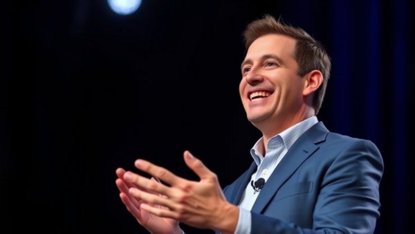 Confident speaker discussing AI agents productivity at a talk.