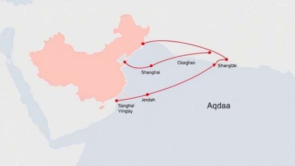 Map showing direct shipping routes from China to the Red Sea with port details.