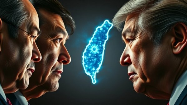 Contrasting political figures facing each other over glowing Taiwan map