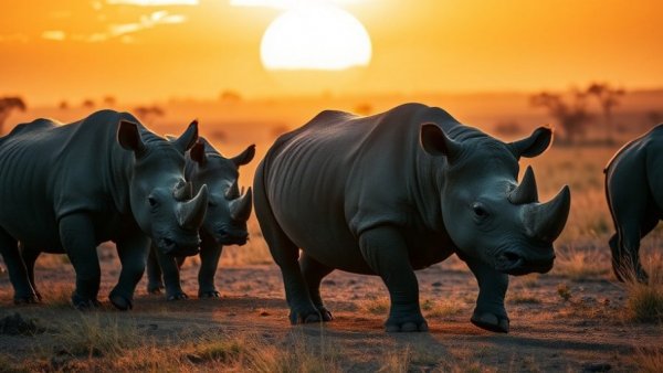 Rhinoceroses at sunset during an African safari, emphasizing stunning sunlight.