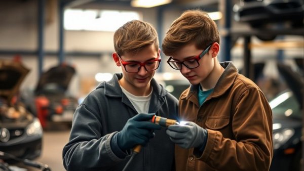 Students collaborating in automotive workshop highlighting Wisconsin Dual Enrollment Challenges.