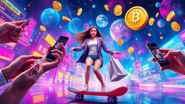 AI shopping agent represented in a surreal digital collage of hands, gadgets, and coins.