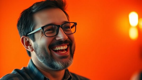 Smiling man speaking energetically in a podcast setting.