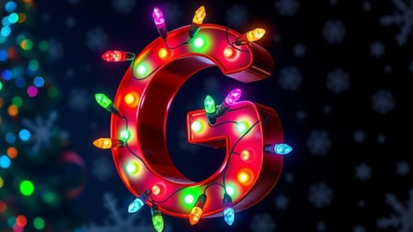 3D letter G with holiday lights on dark whimsical background, AI video creation for kids.