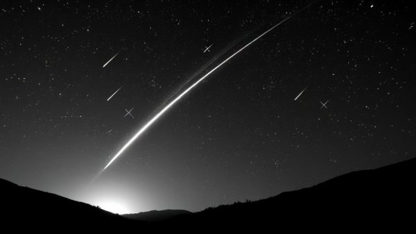Black and white Quadrantid Meteor Shower poster with meteor streak.