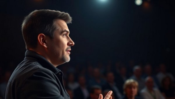 Engaged speaker discusses AI bubble at TED talk stage.