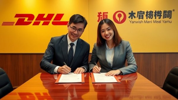 Executives signing partnership agreement at DHL Express Egypt logistics event.