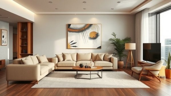 Modern minimalist living room in urban apartment, highlighting Madrid renovation.