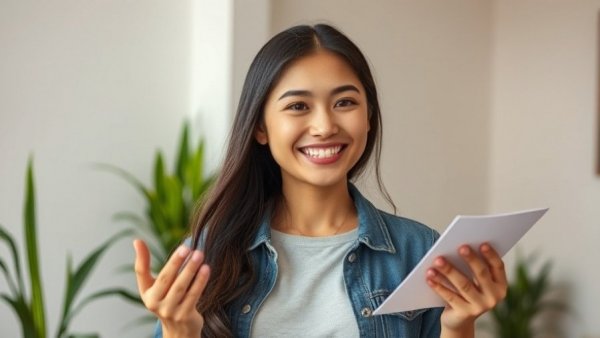 Young woman presenting information indoors, casual setting