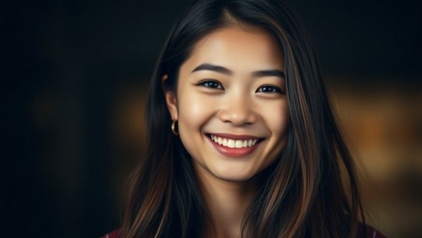 Smiling young woman portrait, blurred background, photorealistic.
