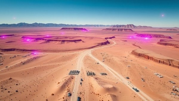 Unreal Engine real-time simulator showing a vast desert landscape with virtual terrain.
