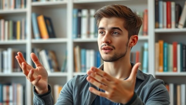Young man explaining with engaging gestures, planning your perfect week.
