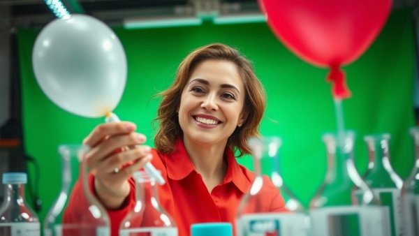 Woman demonstrates liquid nitrogen experiment with a balloon in lab setting.