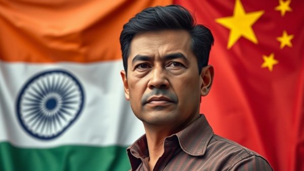 India China Rivalry depicted with man and flags in the background.