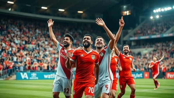 AFCON 2025 soccer team celebration with cheering crowd.